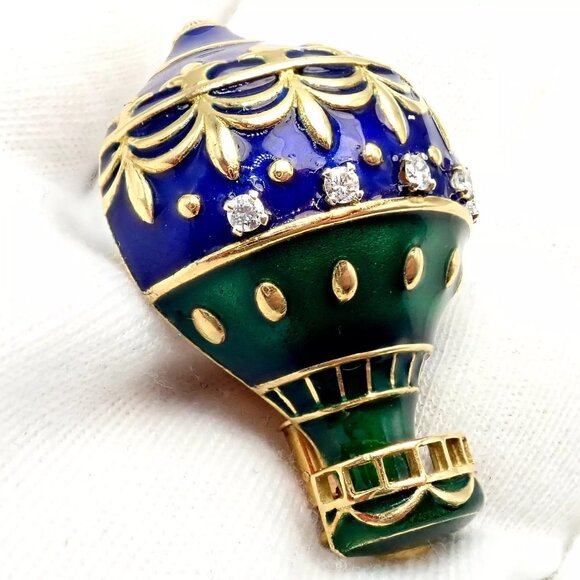 Authentic! Christian Dior 18k Yellow Gold Diamond Enamel Jules Verne Pin Brooch - Picture 8 of 16